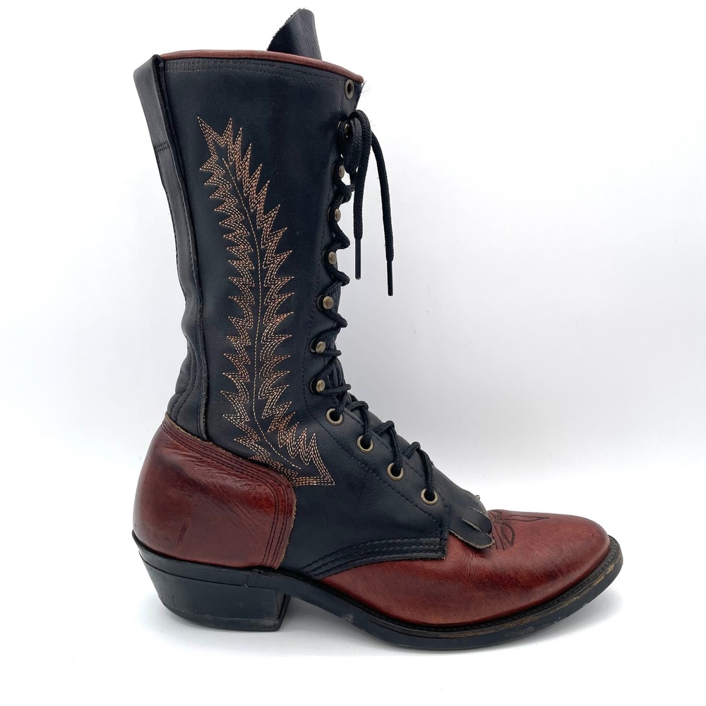 Abilene Packer Boots Leather Womens 8 Black Burgundy Good Vintage Western Kiltie
